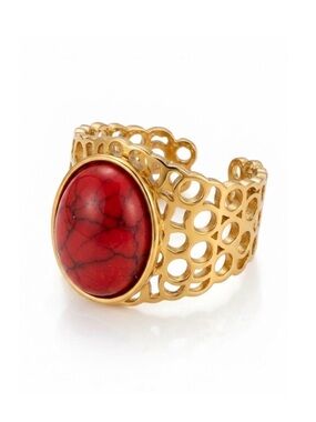 Red Stone Open Ring Stainless Steel 14K Gold Tone Hypoallergenic